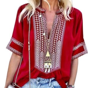 Red Boho Embroidered V Neck Loose Blouse Top Small
